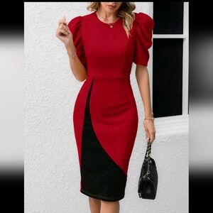 Elegant Red and Black Size XL Puff Sleeve Dress